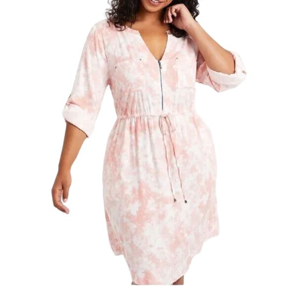 TORRID Shirt Dress, 3/3X, Pink/White, Tab Sleeves, Drawstring Waist, Zip Front - Picture 16 of 16